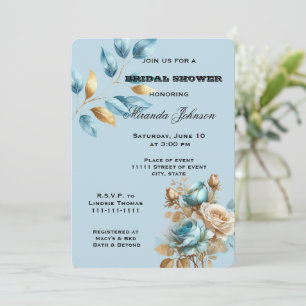 Pretty Aqua Blue Gold Ivory Floral Bridal Shower Invitation