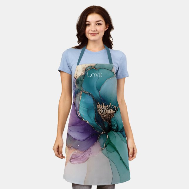 Pretty Aqua Blue Purple Gold Floral  Apron (Worn)