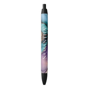 Pretty Aqua Blue Purple Gold Floral Black Ink Pen