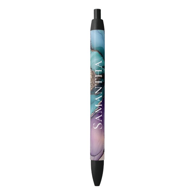 Pretty Aqua Blue Purple Gold Floral  Black Ink Pen (Front Vertical)