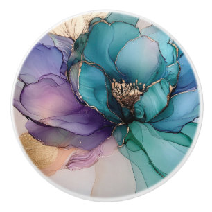 Pretty Aqua Blue Purple Gold Floral Ceramic Knob