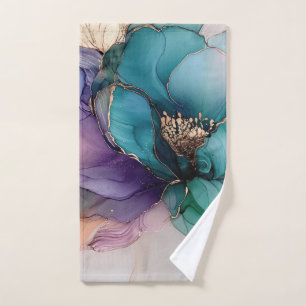 Pretty Aqua Blue Purple Gold Floral  Hand Towel
