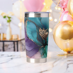 Pretty Aqua Blue Purple Gold Floral  Insulated Tumbler