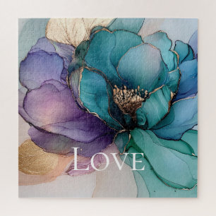 Pretty Aqua Blue Purple Gold Floral Love Jigsaw Puzzle