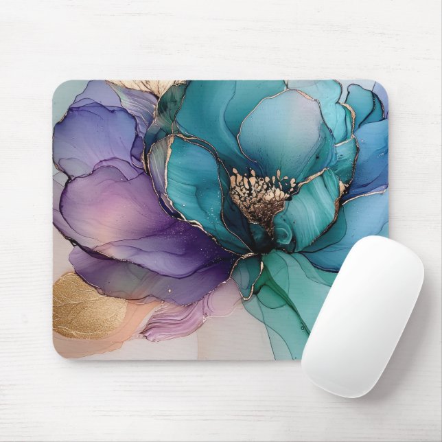 Pretty Aqua Blue Purple Gold Floral  Mouse Mat (With Mouse)
