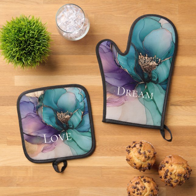 Pretty Aqua Blue Purple Gold Floral  Oven Mitt & Pot Holder Set (Top Down)