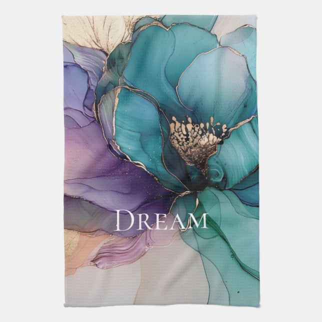 Pretty Aqua Blue Purple Gold Floral  Tea Towel (Vertical)