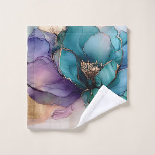 Pretty Aqua Blue Purple Gold Floral Wash Cloth
