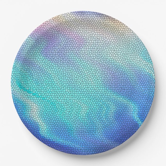 Pretty Aqua Blue Purple Pastel Mosaic Tiles Paper Plate (Front)