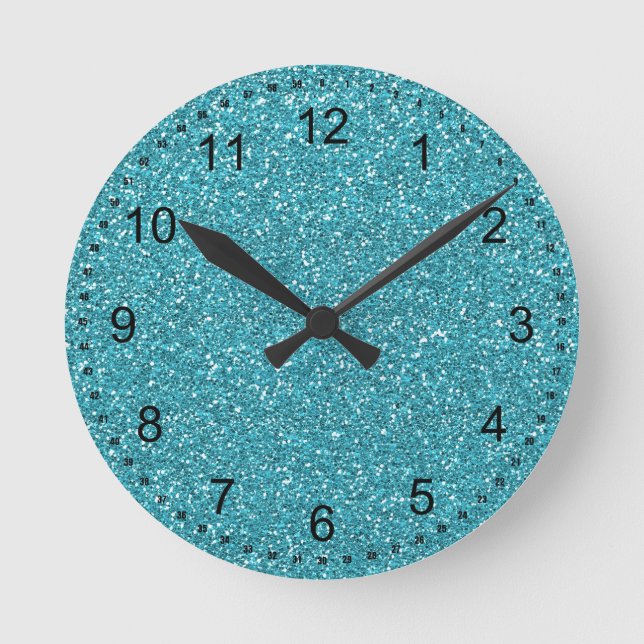 Pretty Aqua Blue Sparkly Faux Glitter Round Clock (Front)