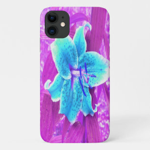 Pretty Aqua Blue Stargazer Lily on Purple iPhone 11 Case
