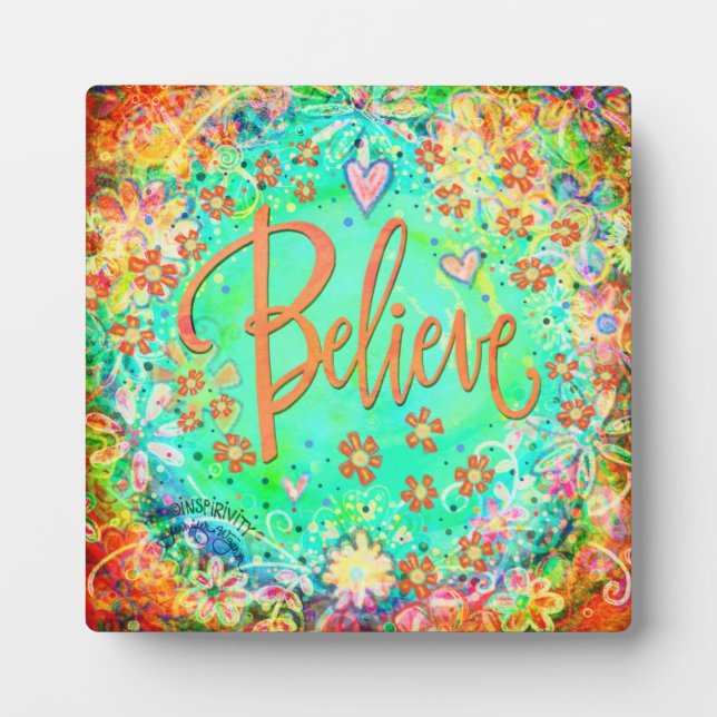 Pretty Aqua Floral Whimsical Boho Believe Plaque (Front)