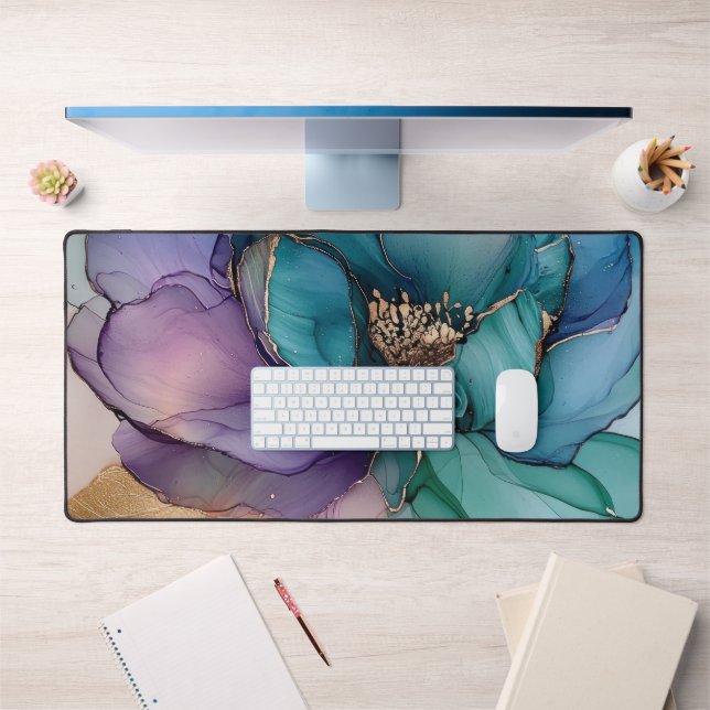 Pretty Aqua Gold Purple Flower Desk Mat (Office 1)