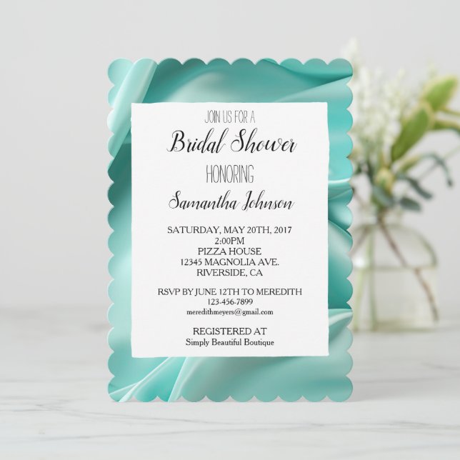 Pretty Aqua Mint Faux Satin Bridal Shower Invitation (Standing Front)