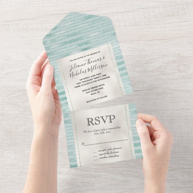 Pretty Aqua Mint Glitzy Glitter Stripes All In One Invitation (Tearaway)