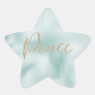 Pretty Aqua Mint Glitzy Glitter Stripes Gold Peace Star Sticker