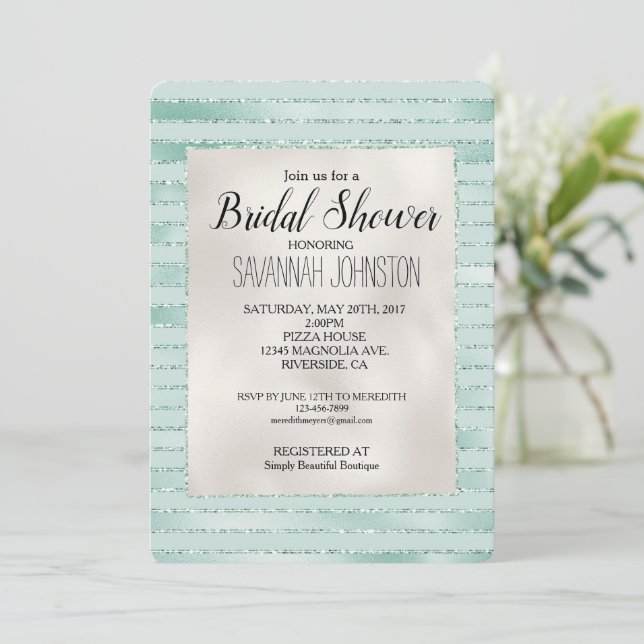 Pretty Aqua Mint Glitzy Stripes Bridal Shower Invitation (Standing Front)
