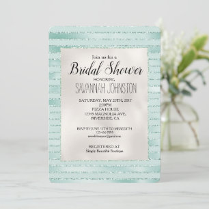 Pretty Aqua Mint Glitzy Stripes Bridal Shower Invitation