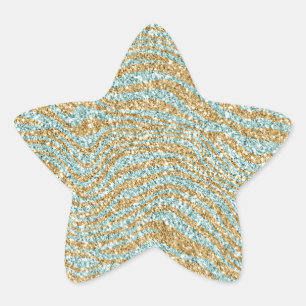 Pretty Aqua Mint Gold Glitter Zebra Print   Star Sticker