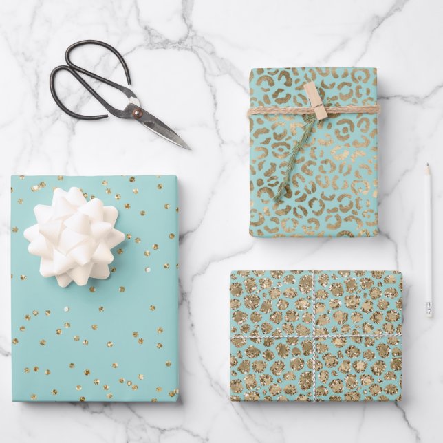 Pretty Aqua Mint Gold Sparkle Dots Leopard     Wrapping Paper Sheet (Front)