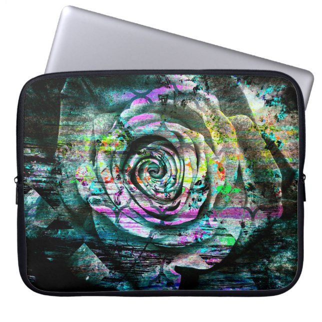 Pretty Aqua Painted Rose Floral Grunge Laptop Sleeve (Front)