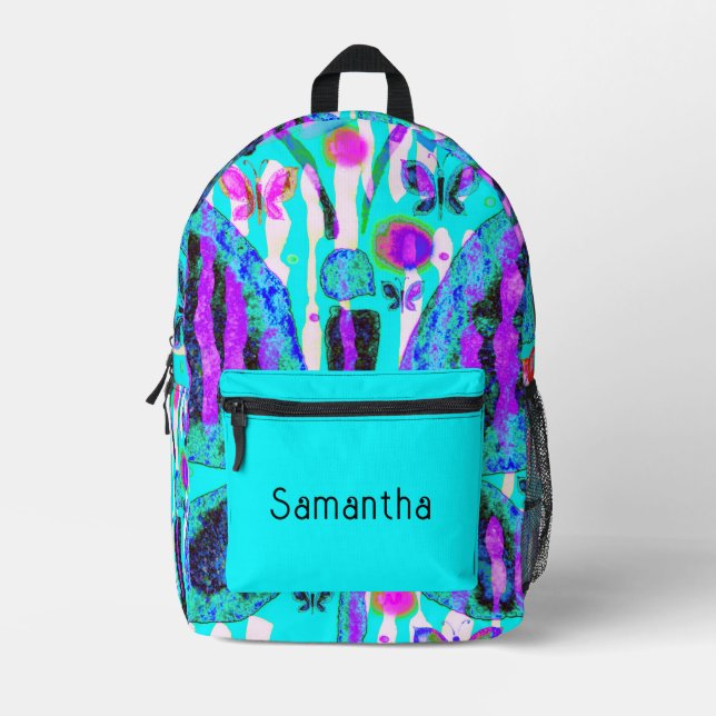 Pretty Aqua Pink and Purple Butterflies Printed Backpack (Front)