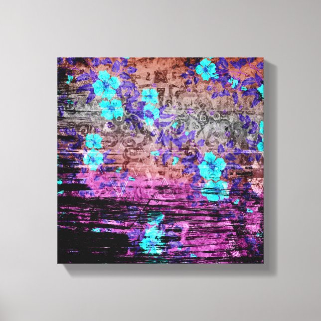 Pretty Aqua Purple Grey Floral Grunge Canvas Print (Front)
