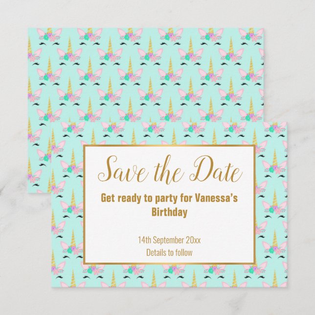 Pretty Aqua Unicorn SAVE THE DATE ANNOUNCEMENT (Front/Back)