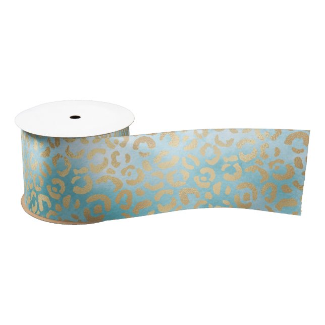 Pretty Aqua White Gold Leopard Print    Satin Ribbon (Spool)