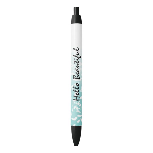 Pretty Aqua White Ombre Animal Print Black Ink Pen (Front Vertical)