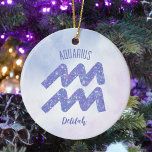 Pretty Aquarius Astrology Sign Personalised Purple Ceramic Tree Decoration<br><div class="desc">This pretty,  personalised purple and lavender Aquarius Christmas ornament features your astrological sign from the Zodiac in a beautiful sparkle like the constellations. Customise this cute gift with your name in beautiful cursive script for someone with a late January or early February birthday.</div>