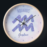 Pretty Aquarius Astrology Sign Personalised Purple Clock<br><div class="desc">This pretty,  personalised purple and lavender Astrology clock features your astrological sign from the Zodiac in a beautiful sparkle like the constellations. Customise this cute home decor gift with your name in beautiful cursive script for someone with a late January or early February birthday.</div>
