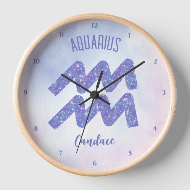 Pretty Aquarius Astrology Sign Personalised Purple Clock (Front)