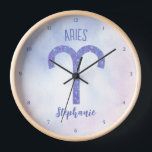 Pretty Aries Astrology Sign Personalised Purple Clock<br><div class="desc">This pretty,  personalised purple and lavender Aries wall clock features your astrological sign from the Zodiac in a beautiful sparkle like the constellations. Customise this cute gift with your name in beautiful cursive script for someone with a late March or early April birthday.</div>