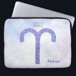 Pretty Aries Astrology Sign Personalised Purple Laptop Sleeve<br><div class="desc">This pretty,  personalised purple and lavender Aries laptop sleeve features your astrological sign from the Zodiac in a beautiful sparkle like the constellations. Customise this cute gift with your name in beautiful cursive script for someone with a late March or early April birthday.</div>