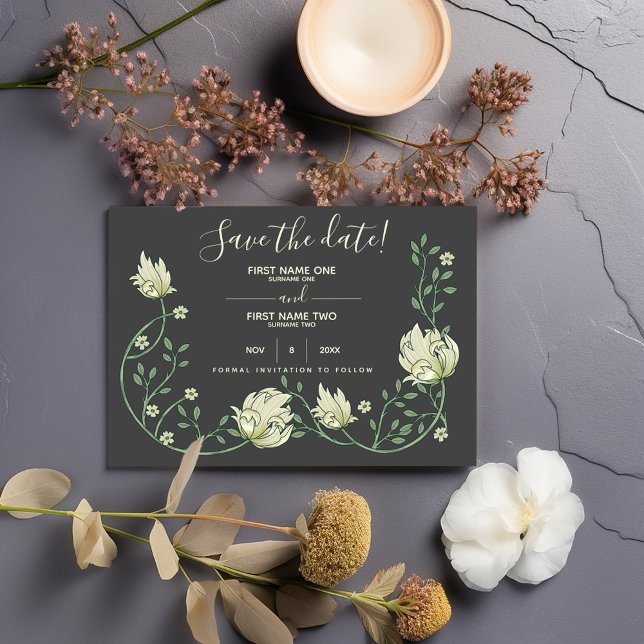 Pretty art nouveau flowers save the date dark (Pretty art nouveau save the date, cream flowers and green vines on a dark background.)