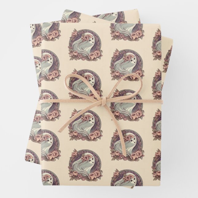 Pretty Art Nouveau Ghost with Flowers Spooky Wrapping Paper Sheet (In situ)