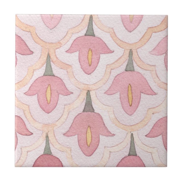 Pretty artistic flower painted pattern retro pink tile (Front)