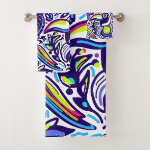 Pretty artistic pattern of birds l Blue and white Bath Towel Set