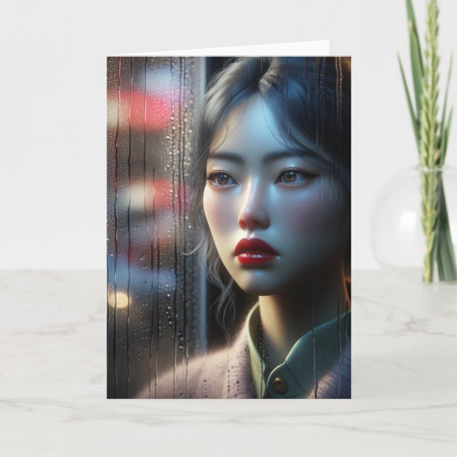 Pretty Asian Woman Watching it Rain Card (Front)
