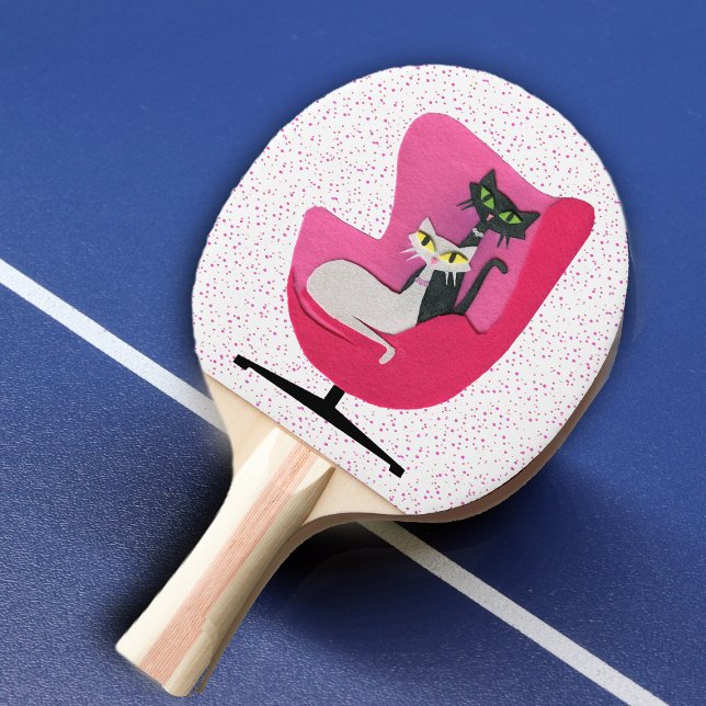 Pretty Atomic Cats Black White in Chair Pink Dots Ping Pong Paddle (Mid century cats in bright pink chair on white with pink dots ping pong paddle)
