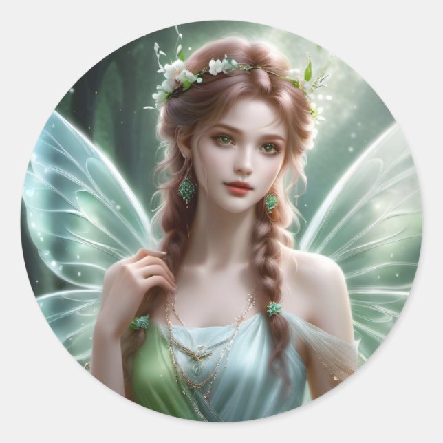 Pretty Auburn Haired Spring Fairy Fantasy Dreamy Classic Round Sticker (Front)