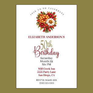 Pretty Autumn Flower Bouquet 50th Birthday Invitation