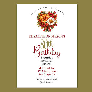 Pretty Autumn Flower Bouquet 80th Birthday Invitation