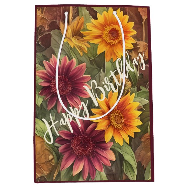 Pretty Autumn Flowers Floral Fall Birthday Medium Gift Bag (Front)