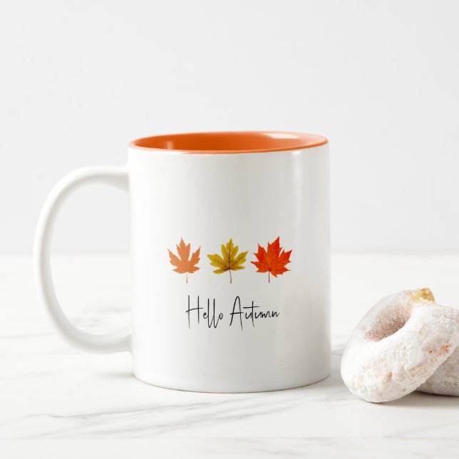 Pretty Autumn Vibe Red Orange Maple Leaves  Two-Tone Coffee Mug (With Donut)