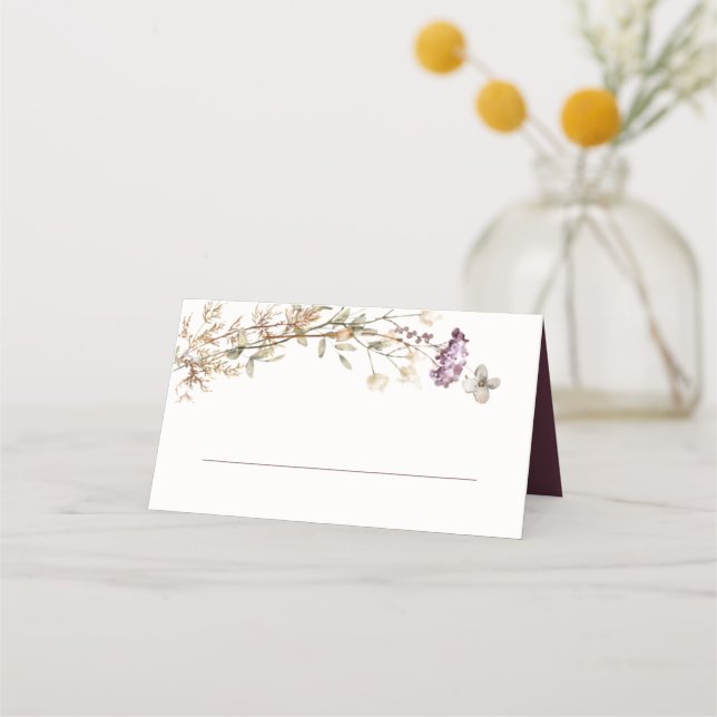 Pretty Autumn Wildflowers Plum Blank Place Card (Front)