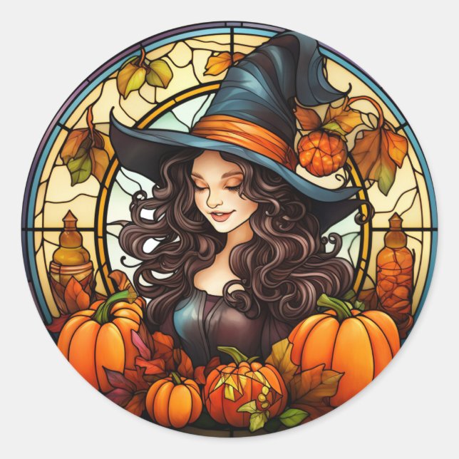 Pretty Autumn Witch Stained Glass Classic Round Sticker (Front)