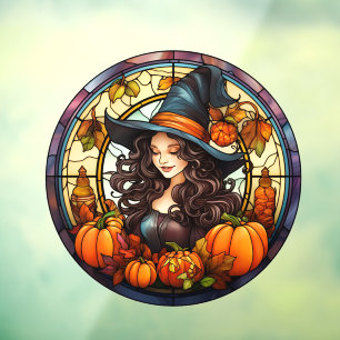 Pretty Autumn Witch Stained Glass Window Cling