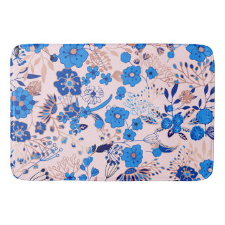 Pretty Azure Blue Blush Pink Floral Illustration Bath Mat